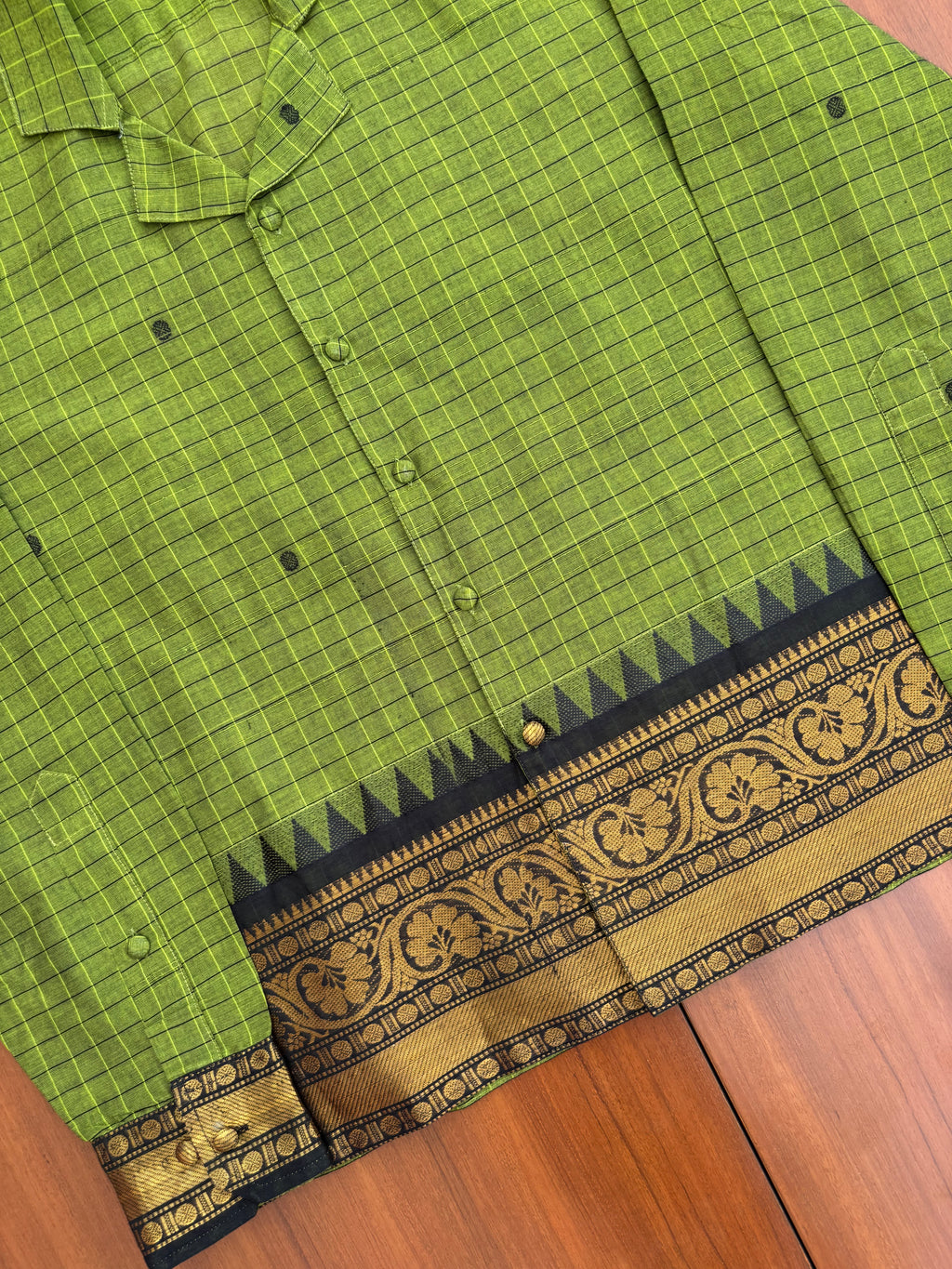 Olive Grid Floral Border Cotton Shirt