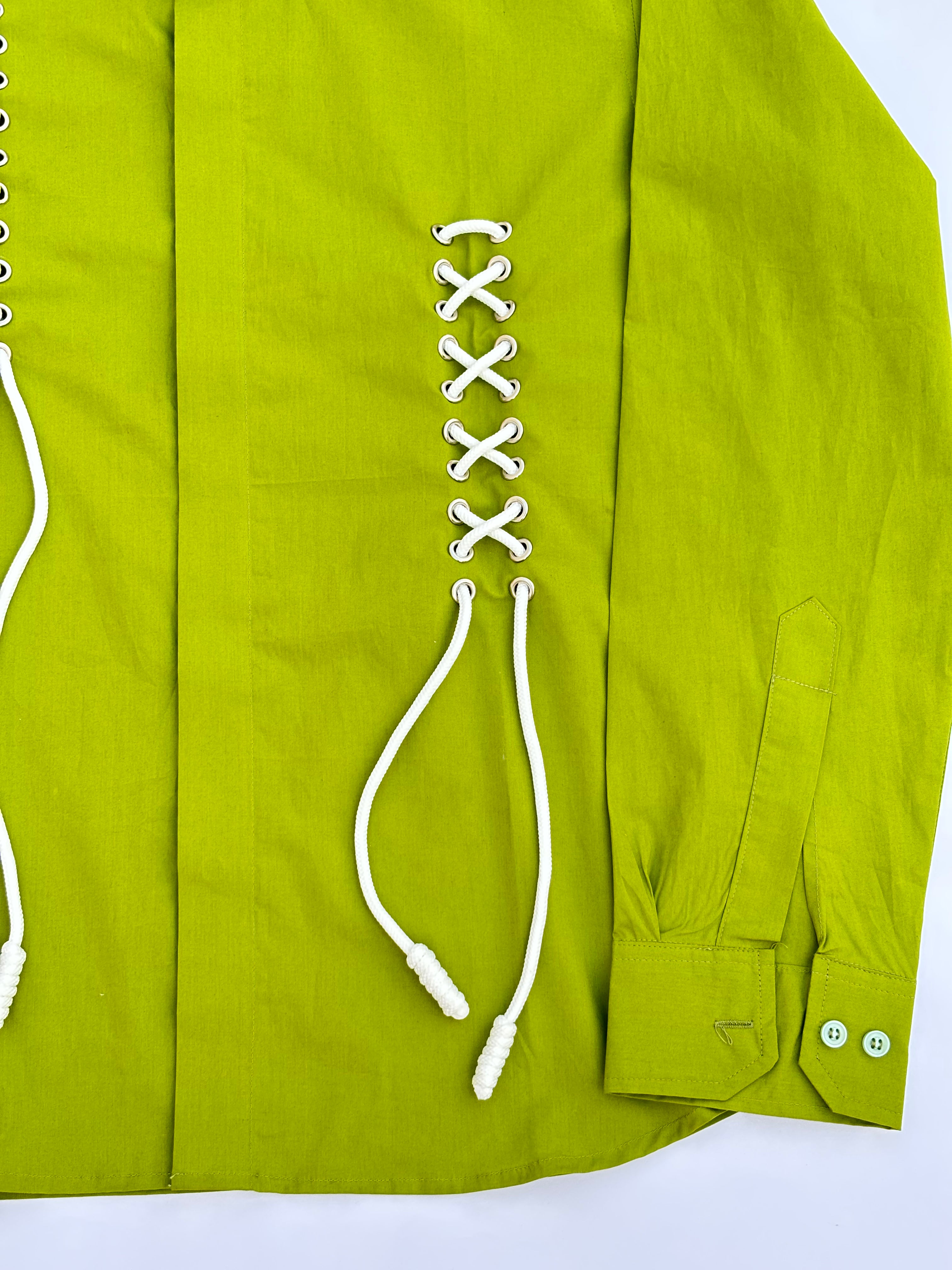 Green jacket with white laces on a white background