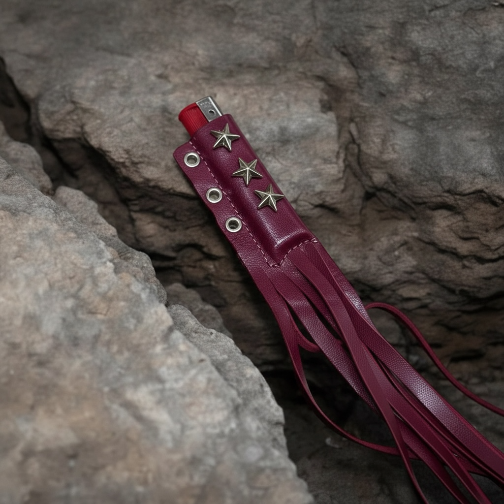 Red leather strap with gold stars and fringes on a stone background