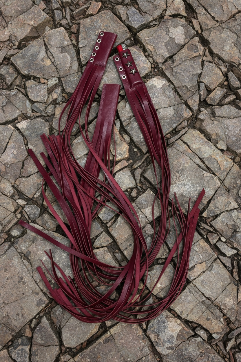Red leather straps with fringe on a stone pavement