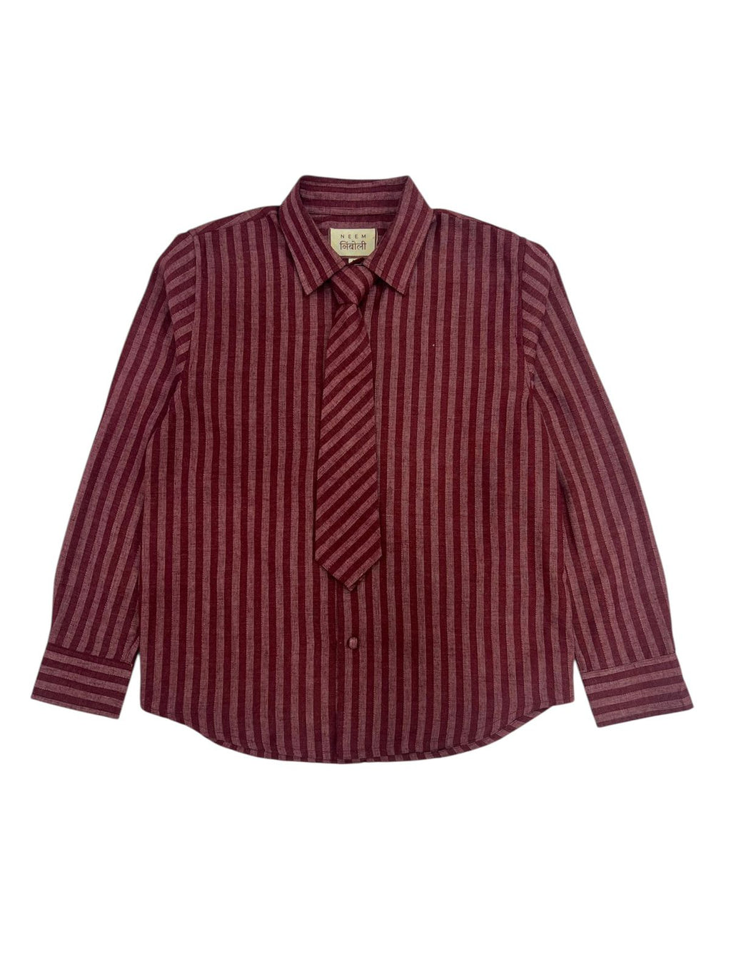 Maroon striped shirt with a tie on a white background