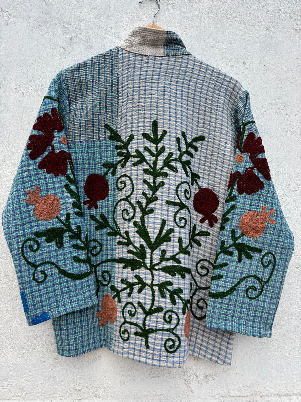 Blue Checkered Anar Motif Kantha Embroidery Jacket
