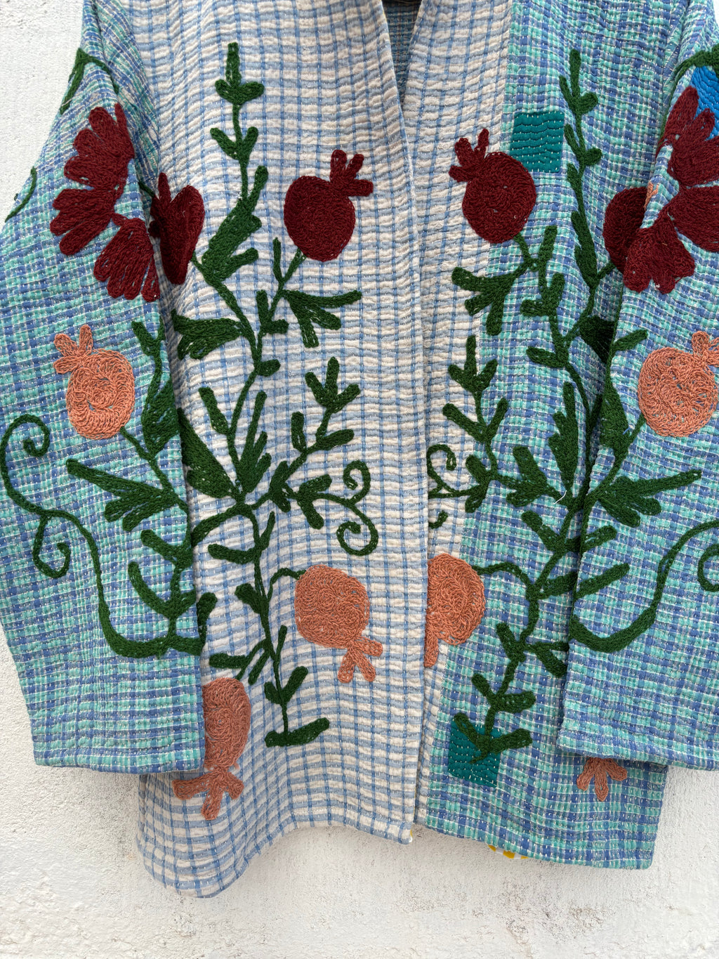 Blue Checkered Anar Motif Kantha Embroidery Jacket