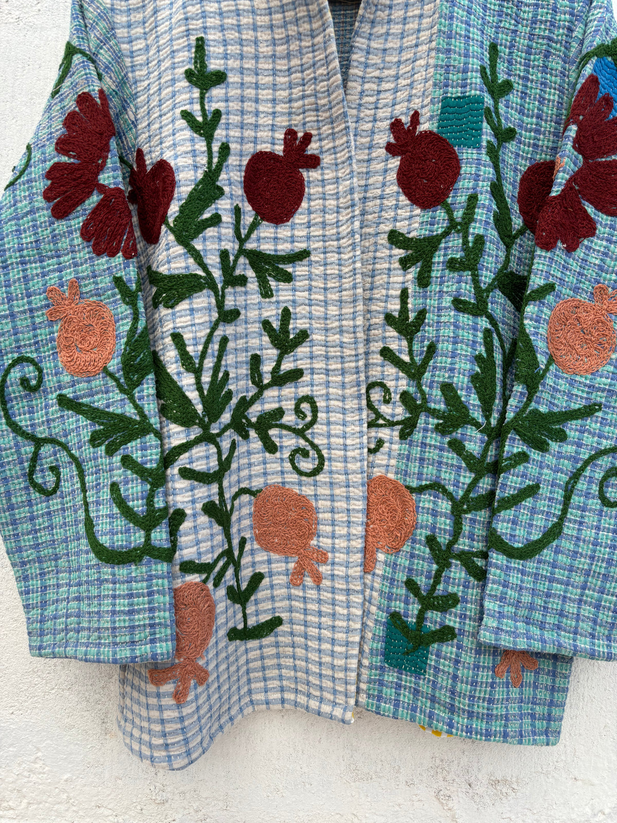 Blue Checkered Anar Motif Kantha Embroidery Jacket