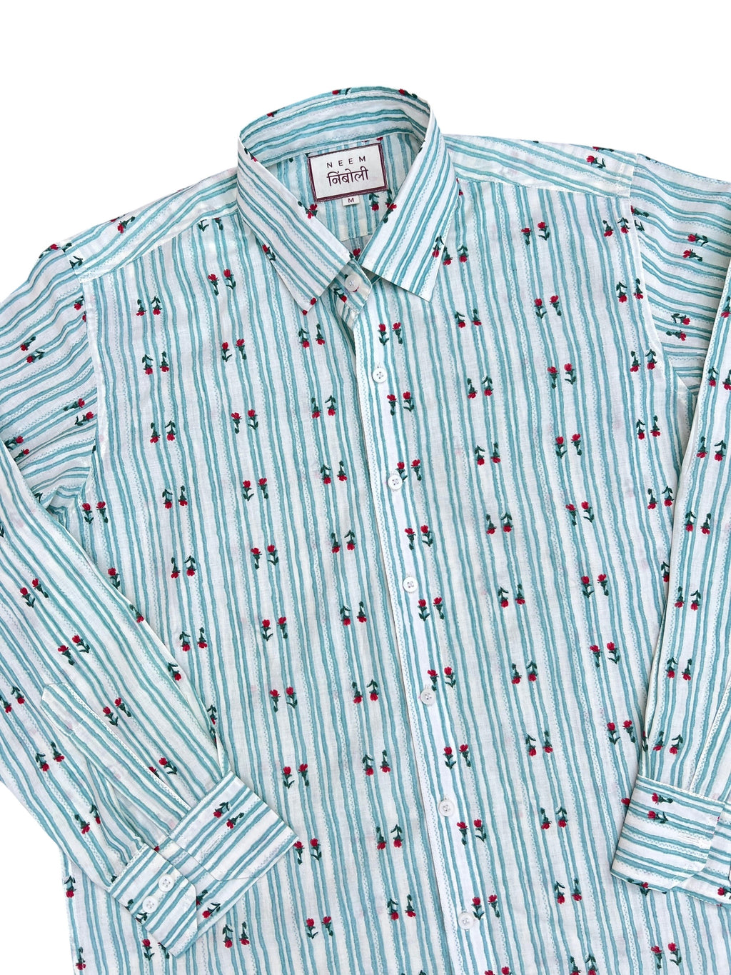 Mint Striped Floral Print Button-Up Shirt