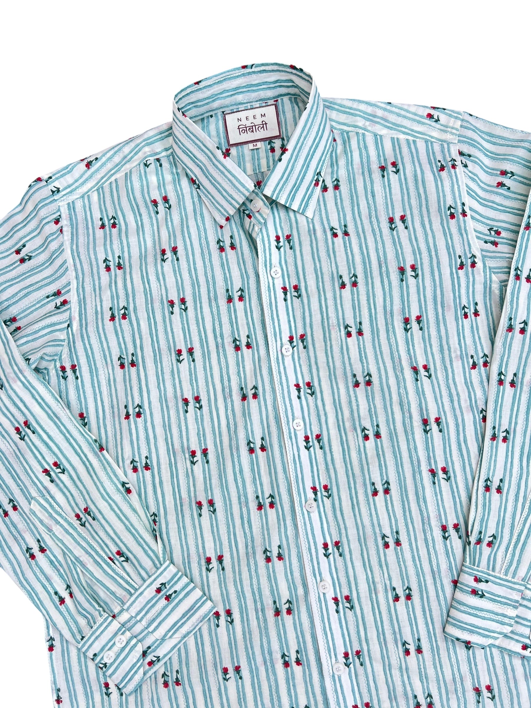 Mint Striped Floral Print Button-Up Shirt