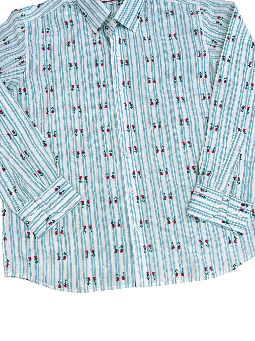 Mint Striped Floral Print Button-Up Shirt