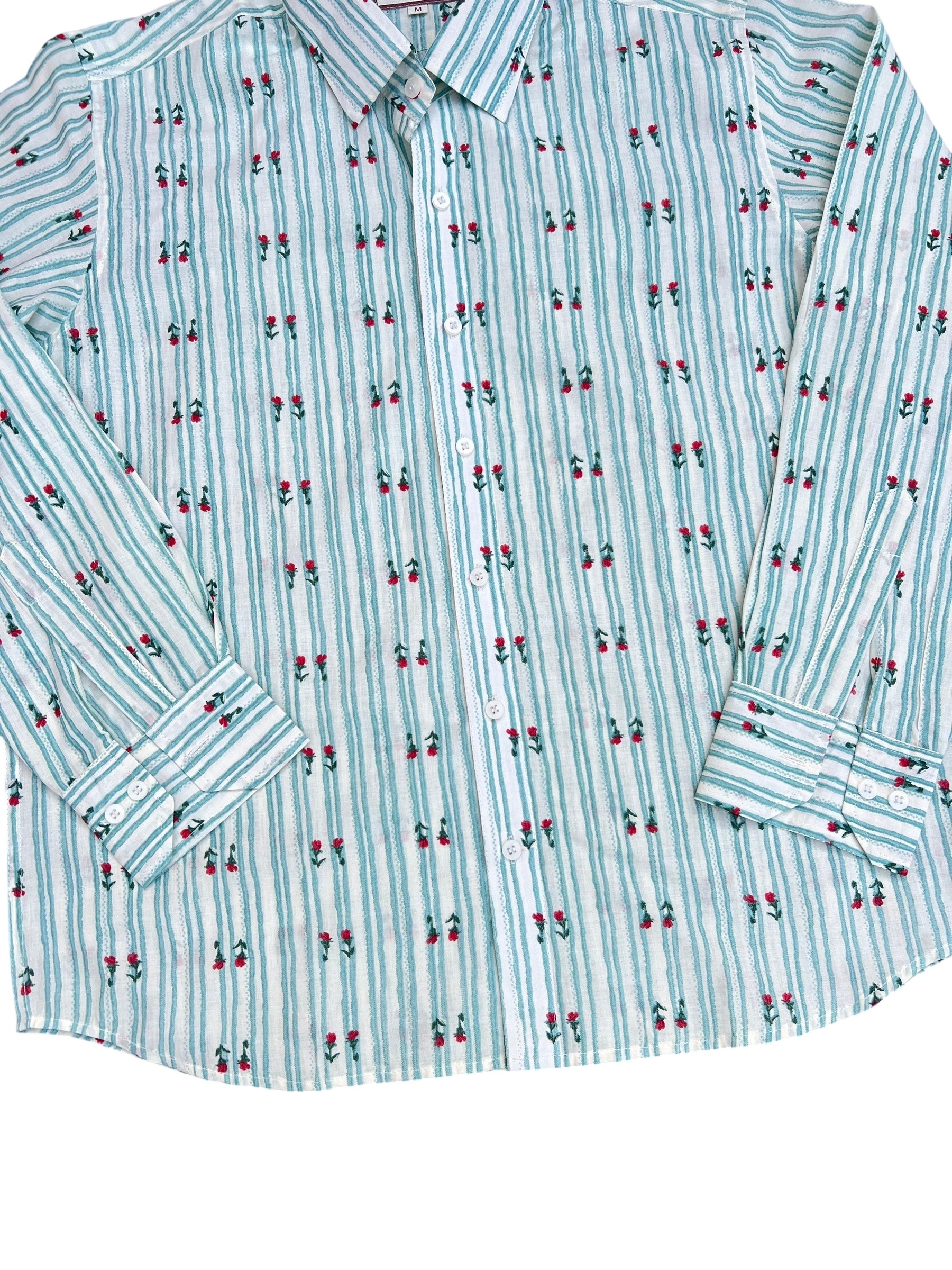 Mint Striped Floral Print Button-Up Shirt