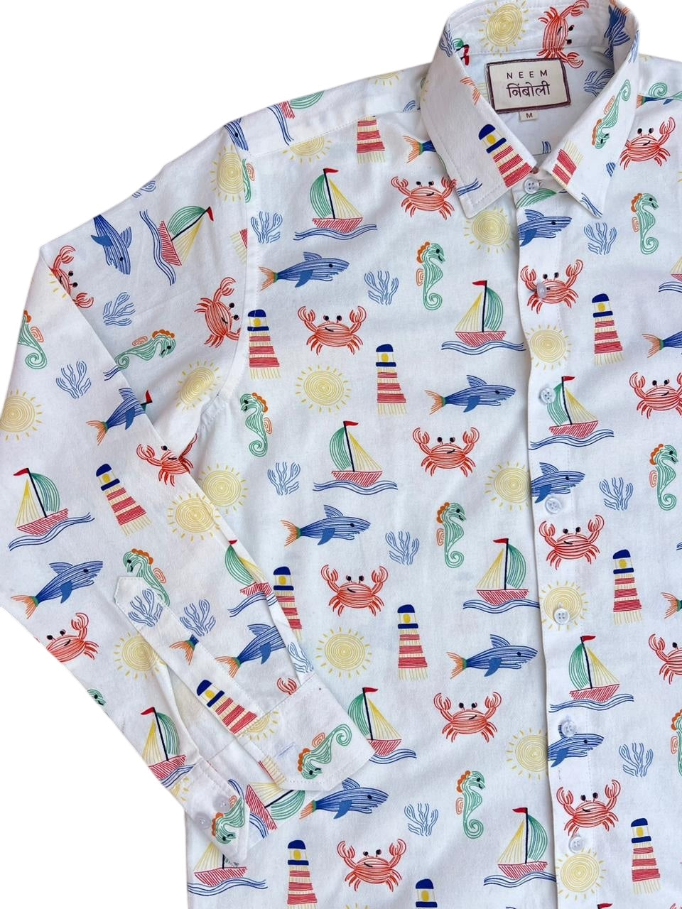 Shark Attack Graphic Print Cotton Button-Up Shirt