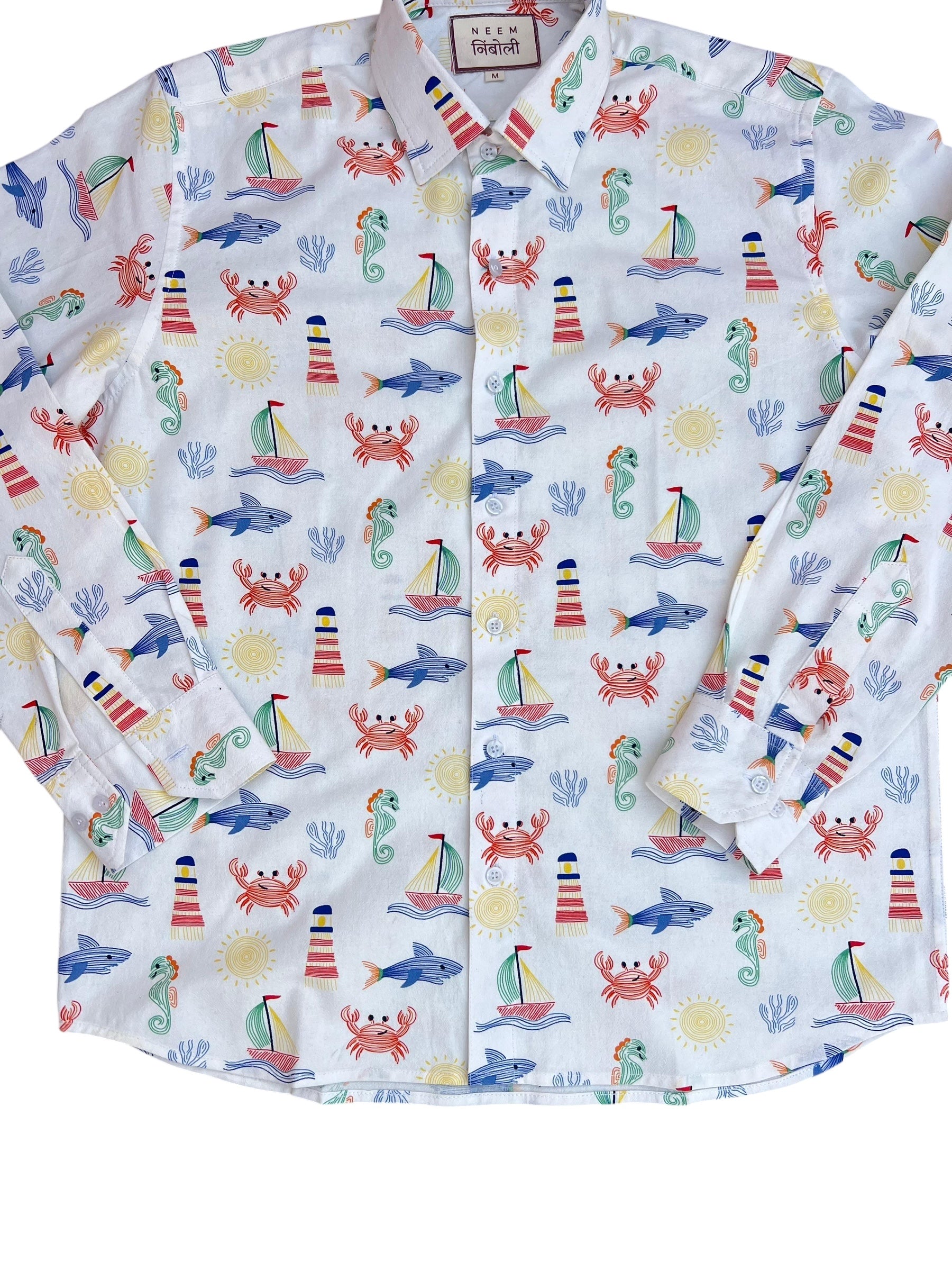 Shark Attack Graphic Print Cotton Button-Up Shirt