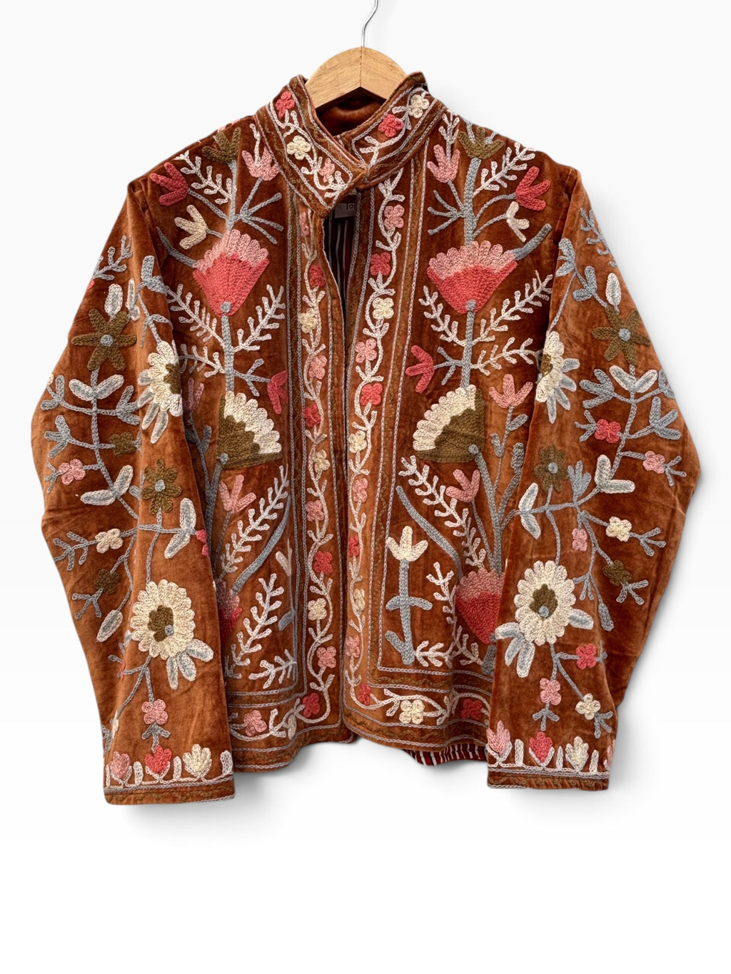 Rust Brown Velvet Suzani Floral Embroidered Jacket