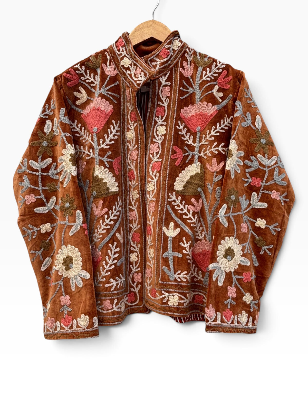 Rust Brown Velvet Suzani Floral Embroidered Jacket