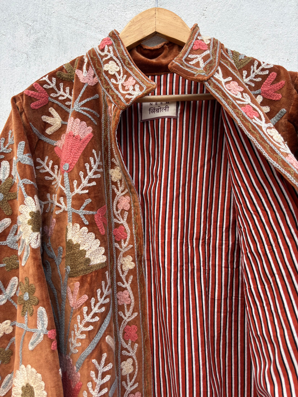 Rust Brown Velvet Suzani Floral Embroidered Jacket