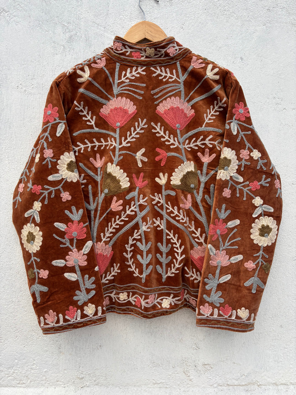 Rust Brown Velvet Suzani Floral Embroidered Jacket