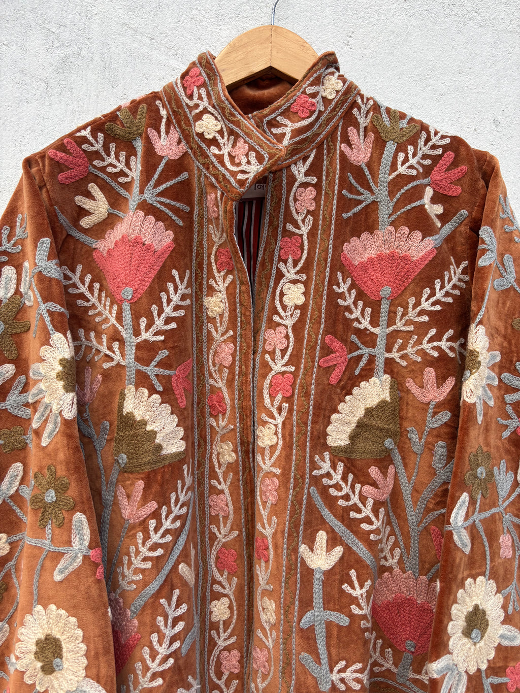 Rust Brown Velvet Suzani Floral Embroidered Jacket