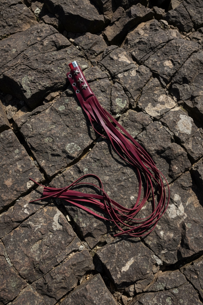 Red leather bridle on a stone pavement