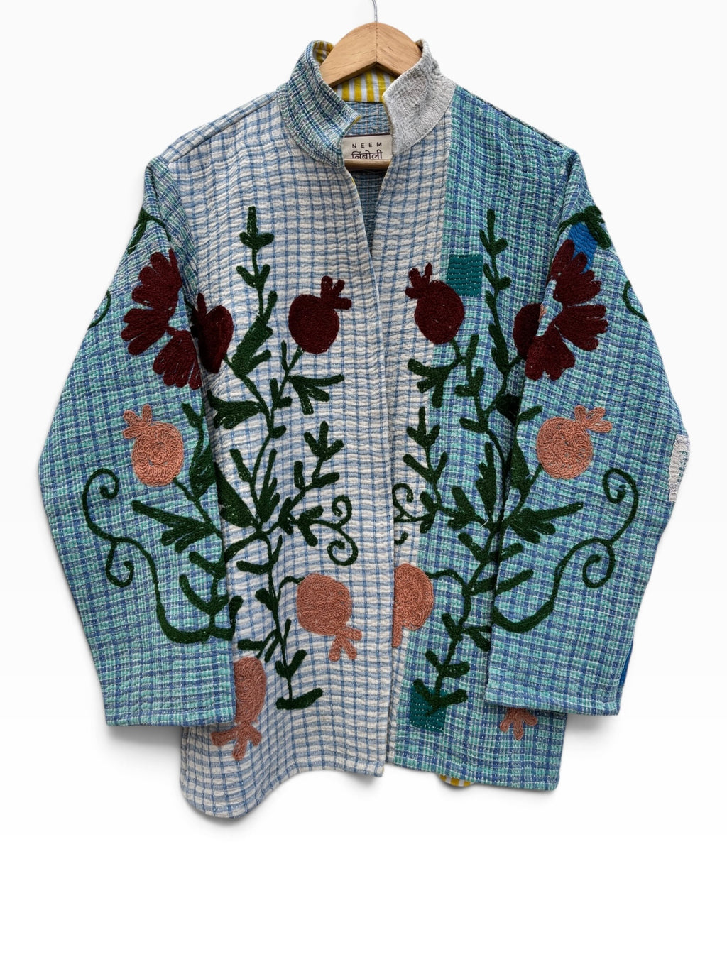 Blue Checkered Anar Motif Kantha Embroidery Jacket