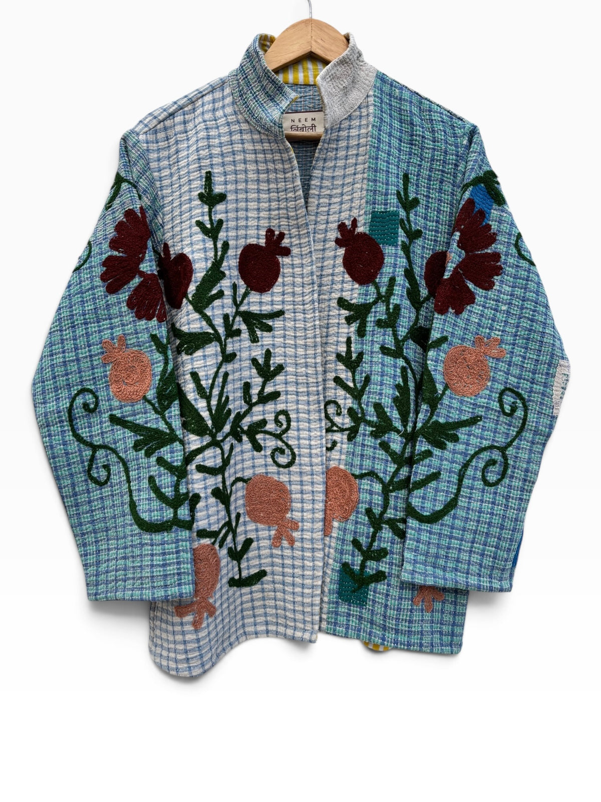 Blue Checkered Anar Motif Kantha Embroidery Jacket