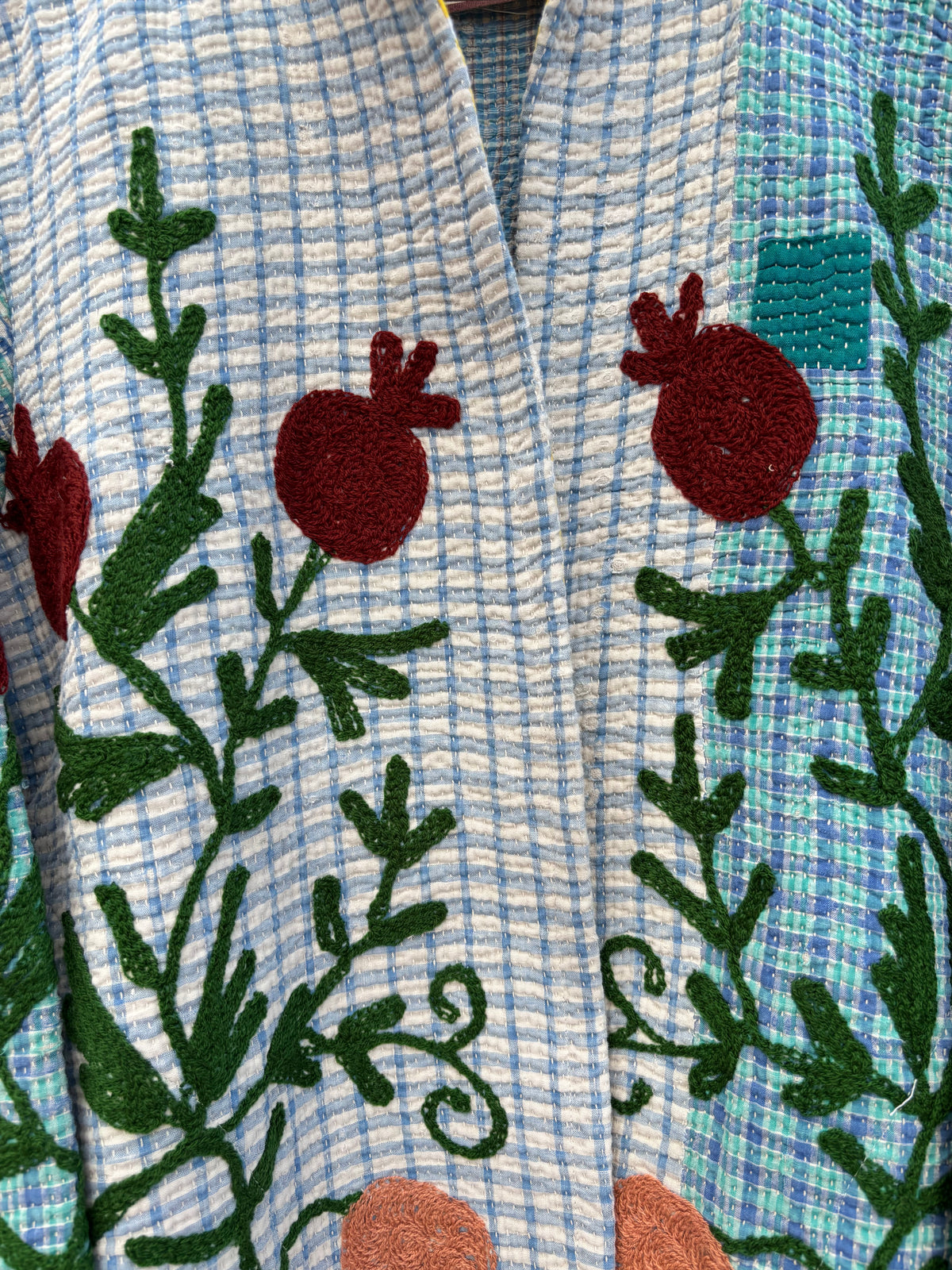 Blue Checkered Anar Motif Kantha Embroidery Jacket