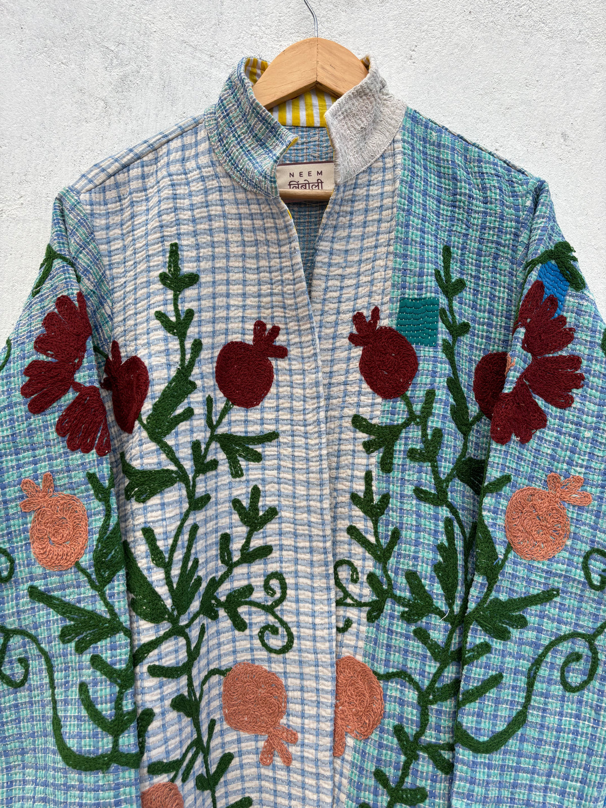 Blue Checkered Anar Motif Kantha Embroidery Jacket