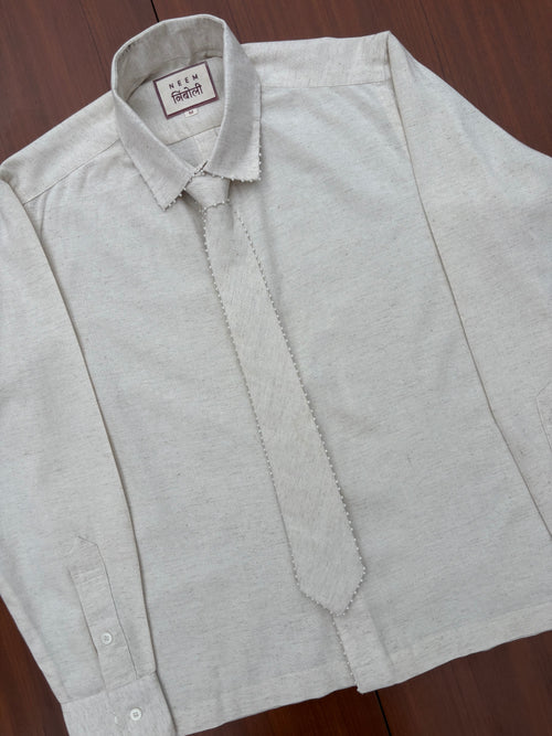 Beaded Open Back Cotton Shirt with Detachable Tie