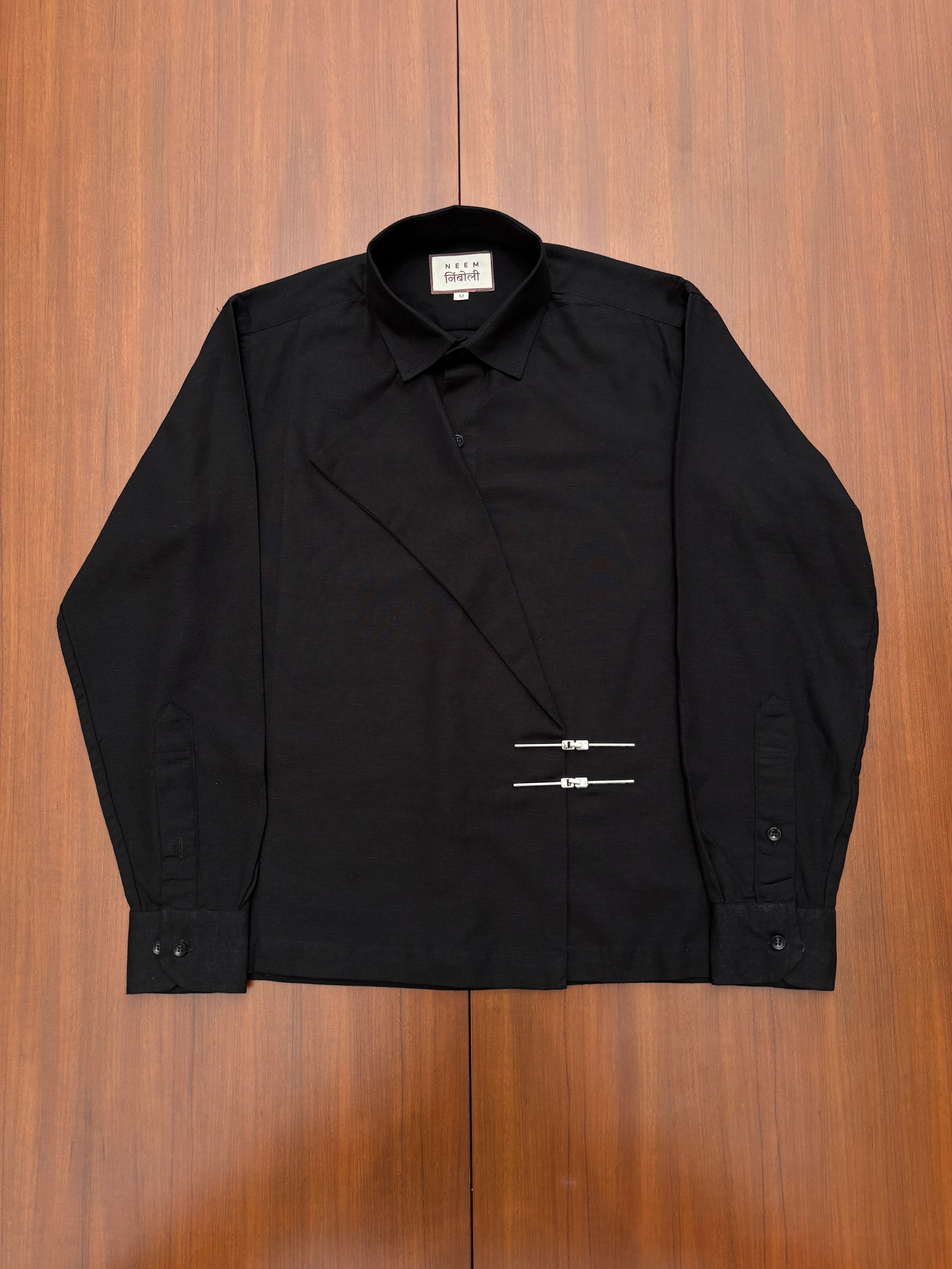 Black Cotton Shirt with Metal Buckles