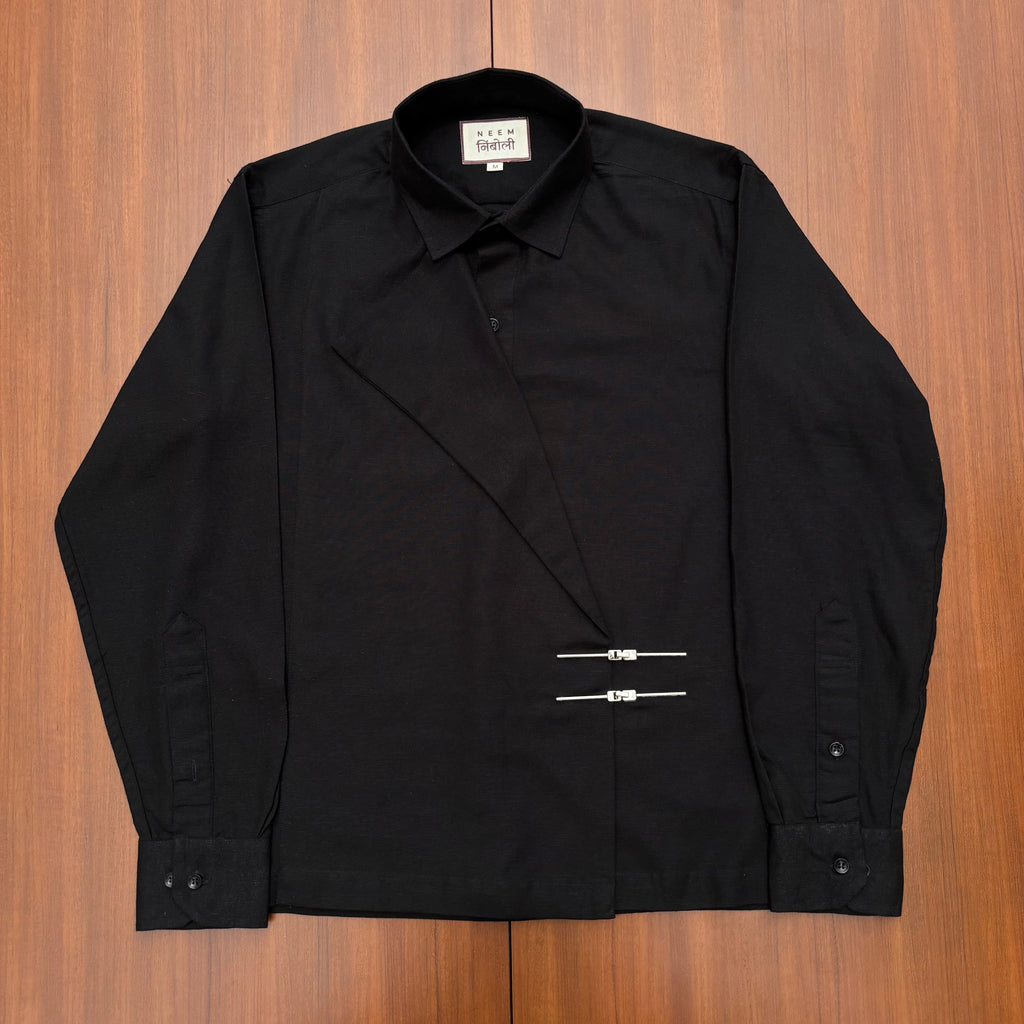 Black Cotton Shirt with Metal Buckles