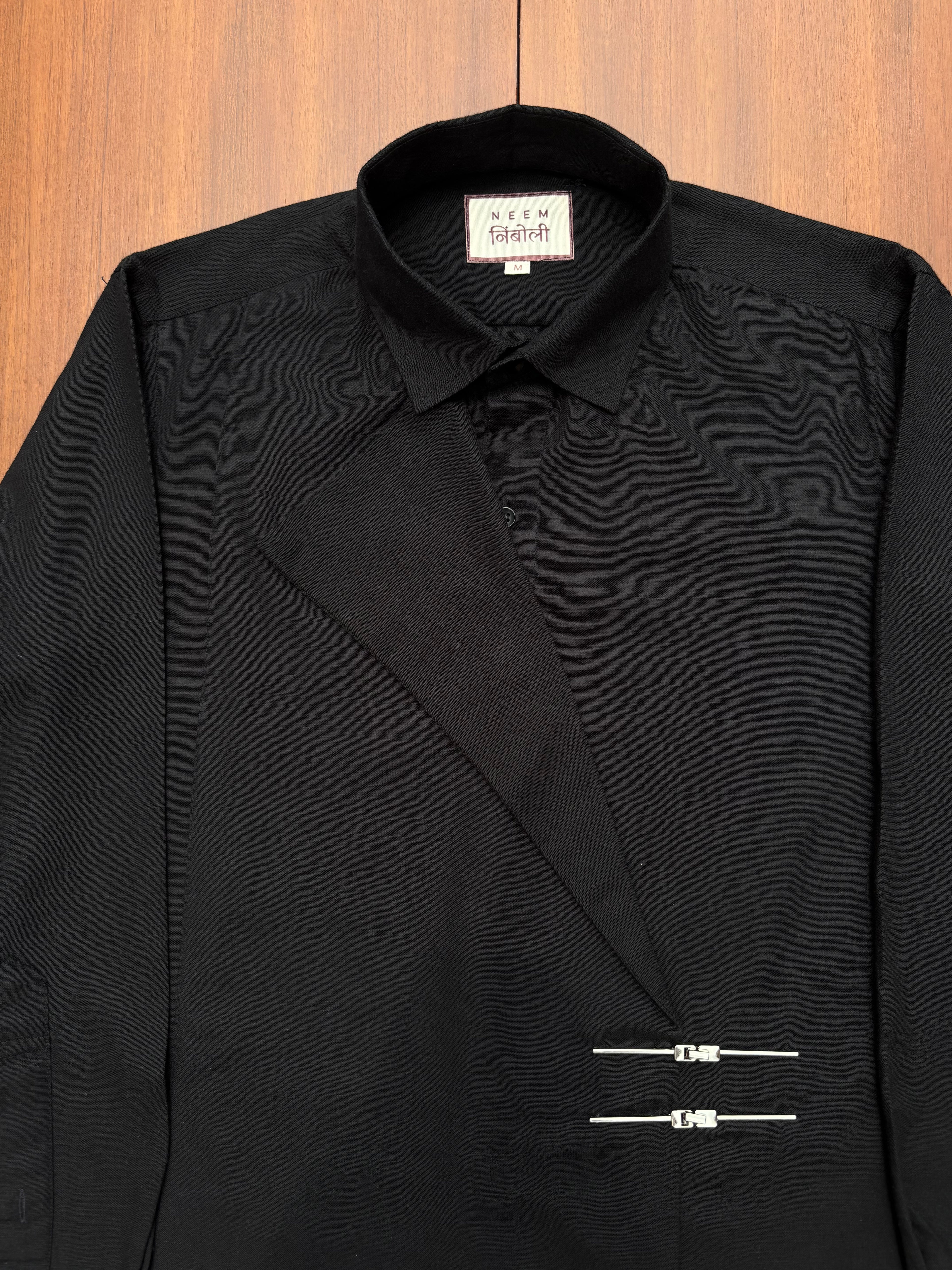 Black Cotton Shirt with Metal Buckles